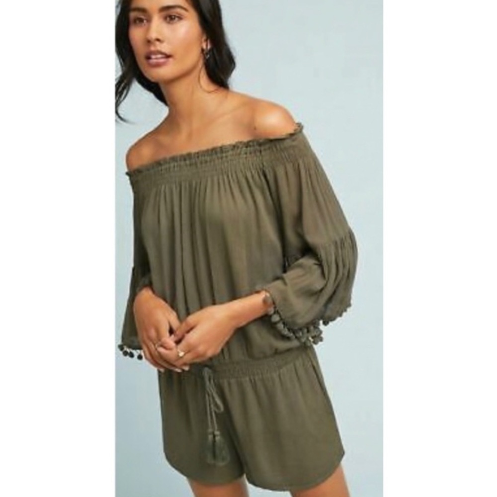 Raga Anthropologie Moss Green Collette Pommed Pom Pom Romper Size Medium